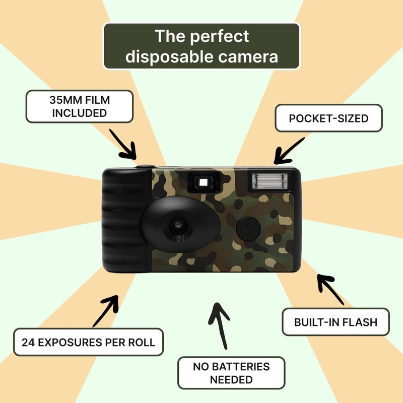 Lensy Disposable Film Camera – 35mm | 24 Shots | Perfect for Vacations, Parties, Weddings & Events, Easy-to-Use | Built-in Flash | Retro Photos | Film Included | No Batteries Needed (Camo) - Image 2